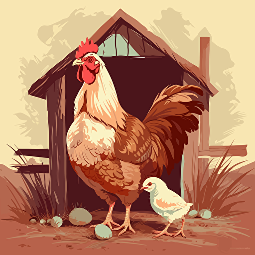hen with a chick on the farm, cartoon, vector style