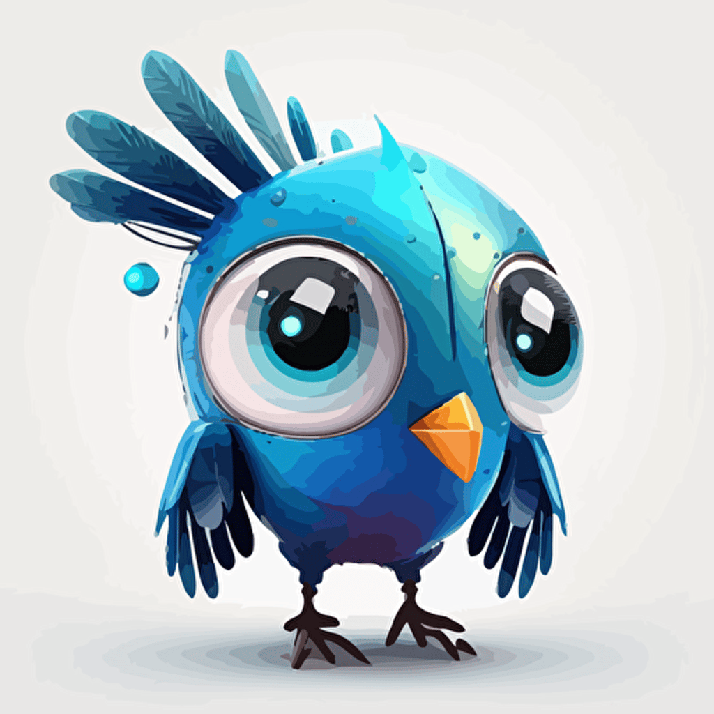 happy, cute, robotic blue bird, big head, large shiny eyes, small wings, small legs, subtle gradients, colorful feathers, vector art, 2d