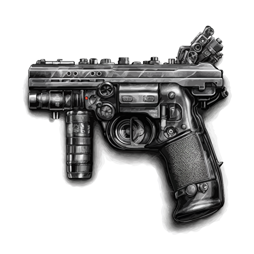 sony camera with a gun holster and grip on it surrounded by bullets, black vector, on white background
