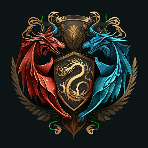 coat of arms game of thrones style. vector illustration. 3 dragons in harmony. Each dragon symbolizes light, ice and fire.