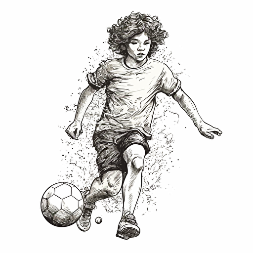 vector illustration ink drawing of young boy kicking a soccer ball with white background
