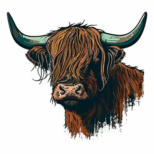 highland cow head vector,comic style, white background