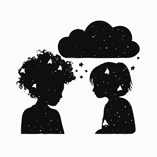 simple logo, vector, minimal, two black kids, boy and girl, kids sitting in a cloud, Silhouette of their heads, stars around them,