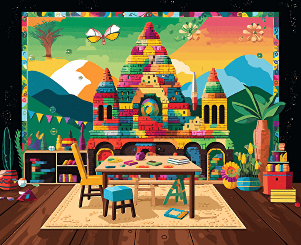 Boho Art Design vector of a learning environment that looks like a lego world and inspires and motivates learners