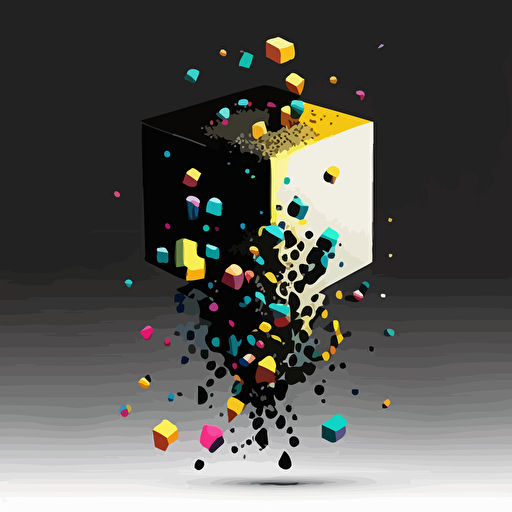 simple logo, minimalist, cuded vectorized that makes up a funnel, gray and black colors on the exterior print layer , delicacy, interlayer of 1/2 size small muilti-colored cubes inside falling out of the cube, with different shades, black background