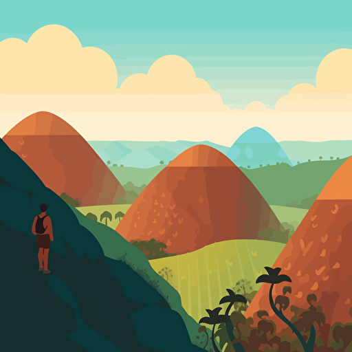 2d illustration of a person exploring the chocolate hills in the Philippines, vector art style