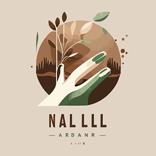 produce a melaleuca-style minimalistic vector logo for organic nails salon spa featuring natural elements and a beautiful light-colored hand being pampered with earth colored nail polish, in green and brown shades, abstract and simplicity