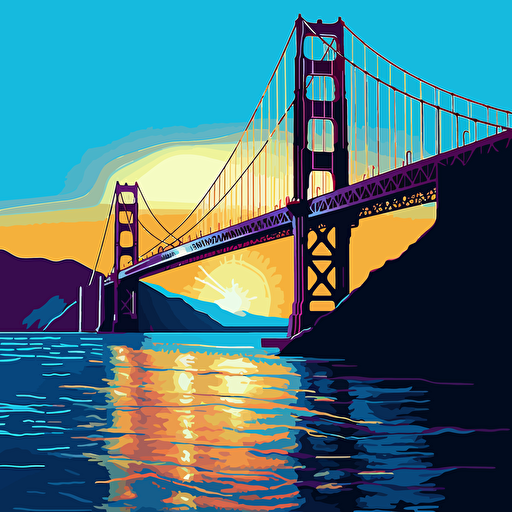 vector art colorful, san francisco golden gate bridge, 2 colors, blue shadows , 2d, contrasty shadows, silhouette