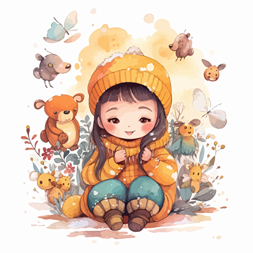 Chinese cute girl and bear and bees winter illustrations detailed, cartoon style, 2d watercolor clipart vector, cozy, creative and imaginative, hd, white background