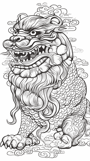 vector created in Adobe Illustrator of a shisa guardian lion-dog, black line work, no color, side view, white background