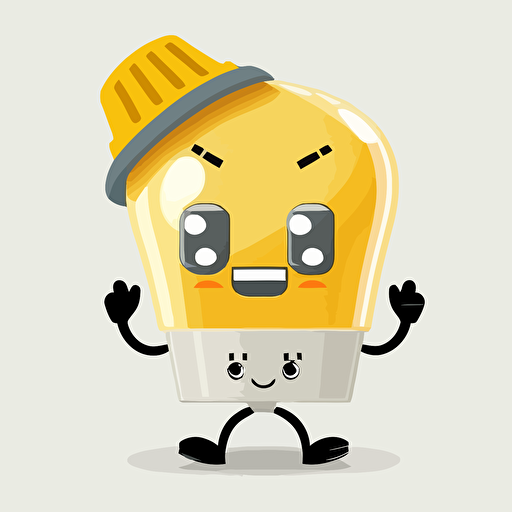 flat vector illustration, anthropomorphic LED light bulb wearing a yellow Class E hard hat, cartoon style, white background for cut out