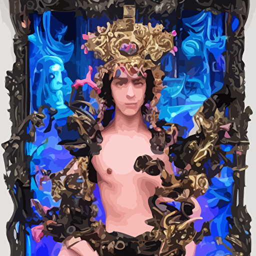body baroque cyberpunk style sculpture young seductive hispanic prince half android chest exposing glowing gemstone battery crt monitor face glowing pink seductive laser eyes crown blue gears diamonds swirling salmon colored silk fabric robotic raptors dinosaurs baroque elements length view intricate artwork caravaggio art artgerm greg rutkowski alphonse mucha trending artstation cinematic industrial lighting hyper realism octane render 8k depth field 3d