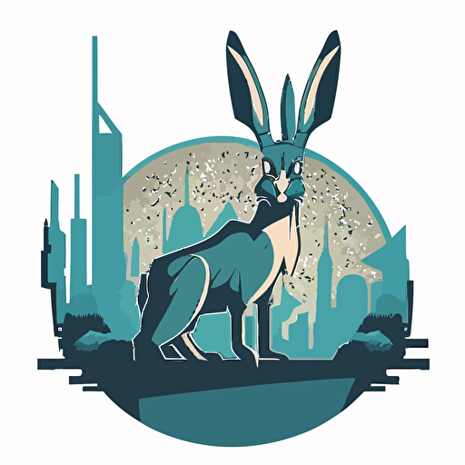 funny jackalope in bad part of city, vector logo, vector art, emblem, simple cartoon, 2d, no text, white background