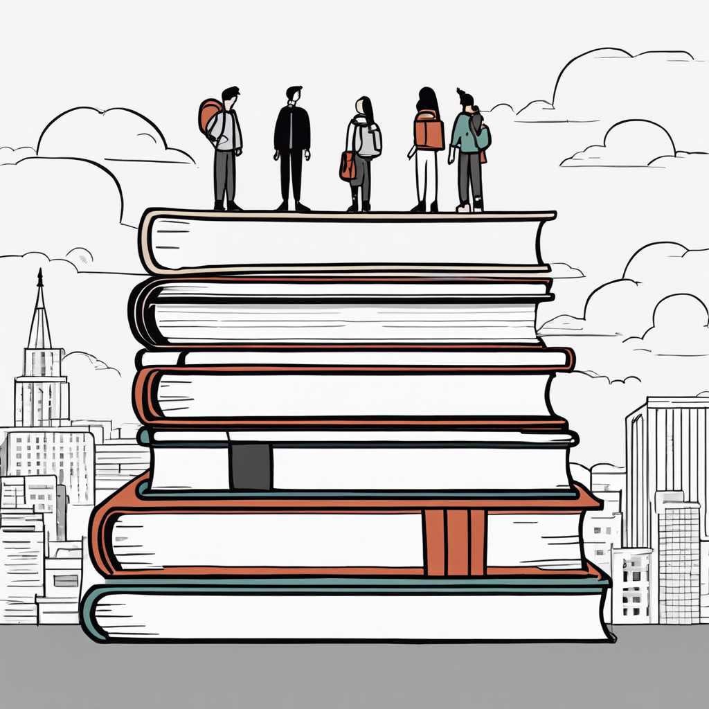 students standing on gigantic books, illustration in the style of Matt Blease, illustration, flat, simple, vector