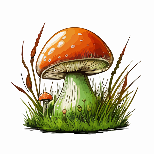 handdrawn mushroom in grass, vector art, morandi colours, isolated white background