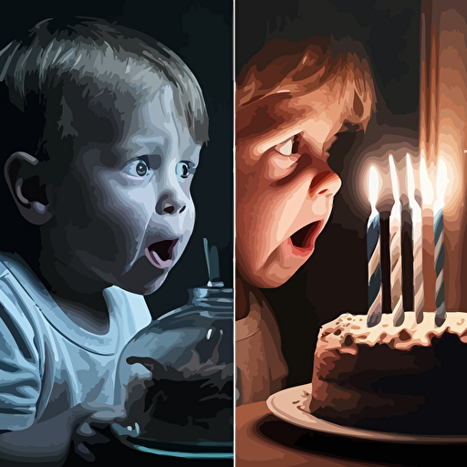 a young boy blowing out candles on a birthday cake, and the candles look like viral vectors