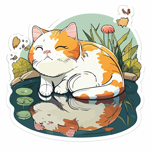 sticker, happy cute cat sitting by a pond of koifish, liu yi artist style, vector, contour, whitebackground