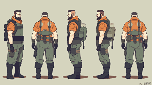 character design, vector illustration, militar, front side back views, 6 panels
