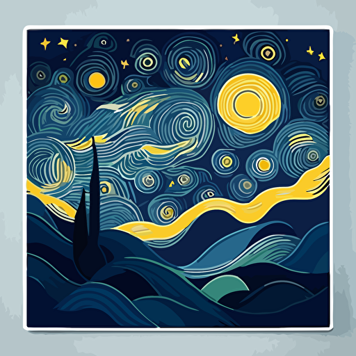 "The Starry Night" by Van Gogh reimagined in a minimalist vector art style, focusing on the swirling shapes and colors of the sky.