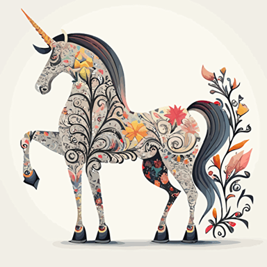 unicorn folk art, cartoon, vector, sharp focus, super detailed, illustration, 16:9, v4, q2, 16k, High quality, clipart