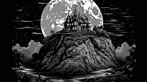 dark castle on a cliff against a full moon, sin city, comic book style, vector, illustration, inked