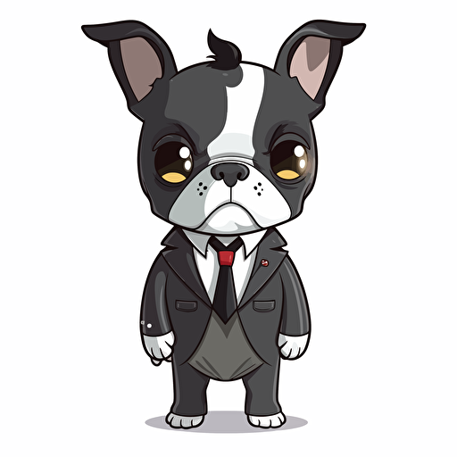 Cartoon Boston Terrier vector simple illustration wearing business suit large eyes on plain white background