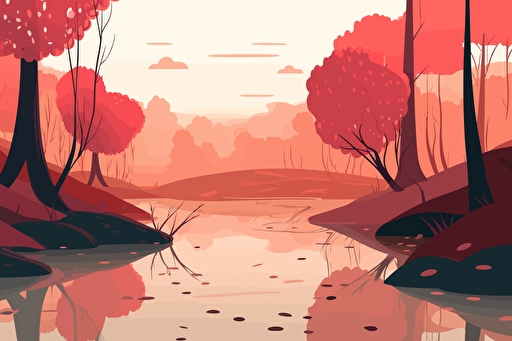 vector illustration of a quiet pond in a forest with a red tree