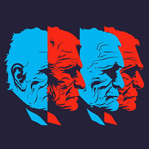 4 elder, Malevolent, Introspection, red color, blue background, simple design, vector style, white outline over silhouette