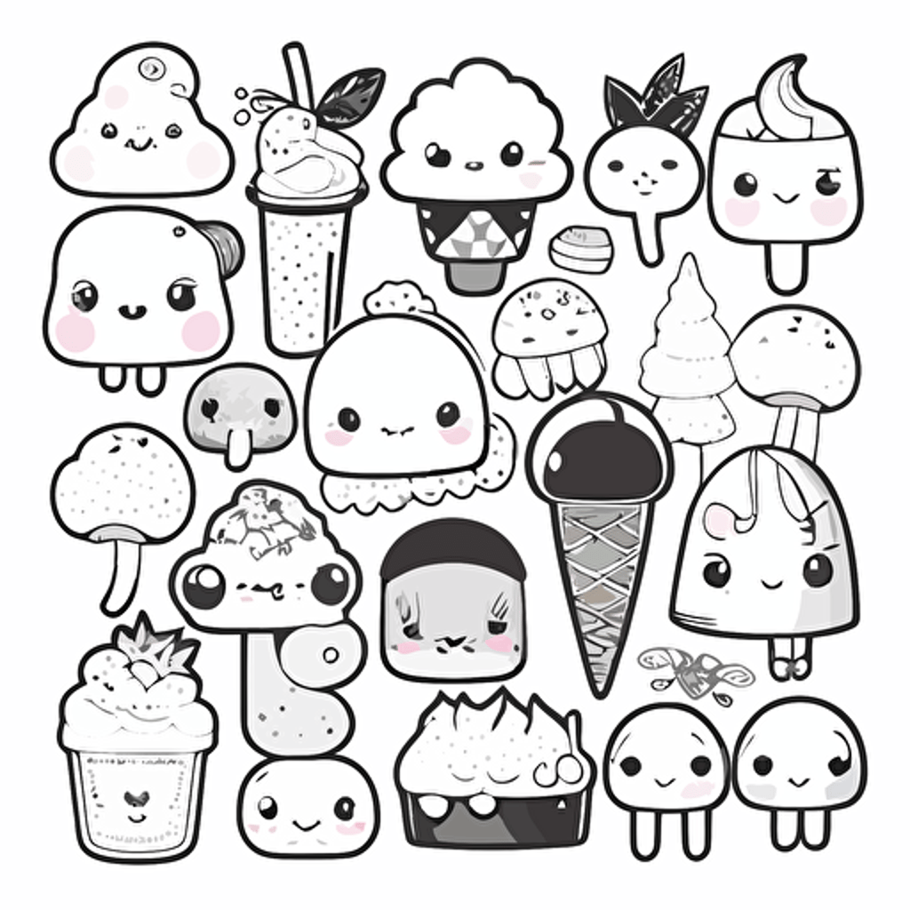 sticker collection, kawaii, contour, vector, white