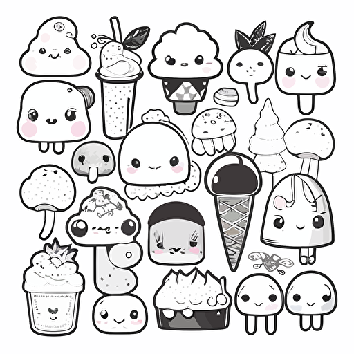 sticker collection, kawaii, contour, vector, white
