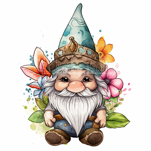 cute gnome, tribal, flowers, detailed, cartoon style, 2d watercolor clipart vector, creative and imaginative, hd, white background