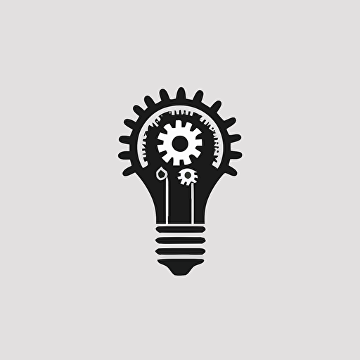 minimalist, modern iconic logo of a lightbulb with gear or cogs, black vector, on white background