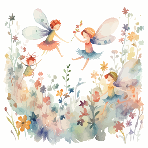 whimsical watercolor fairies flying around and flowers in pastel hues, enchated, cute, for kids, Vector