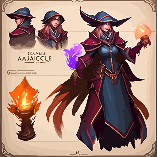 mage, league of legend style, hand painted, vectorial, design sheets for a game