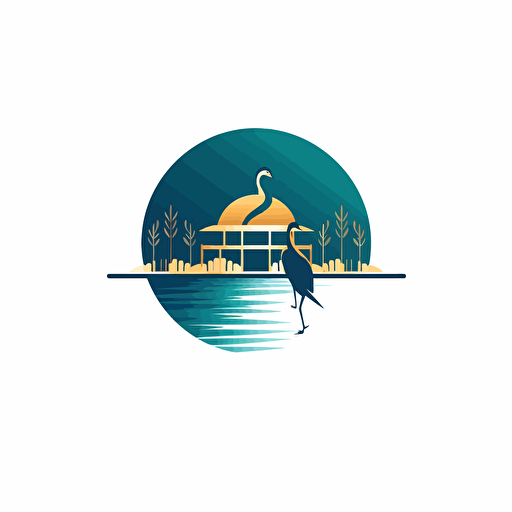 Beautiful minimalist abstract vector simple logo, low detail, luxury cabanas, cabanas are close to the top of a hill, the hill is next to a lake, there is a peacock in the roof of the cabana