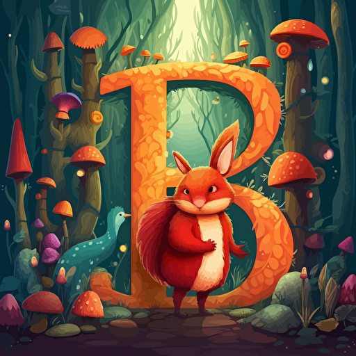 B letter and cute bunny in fantastic forest, vector cartoon style