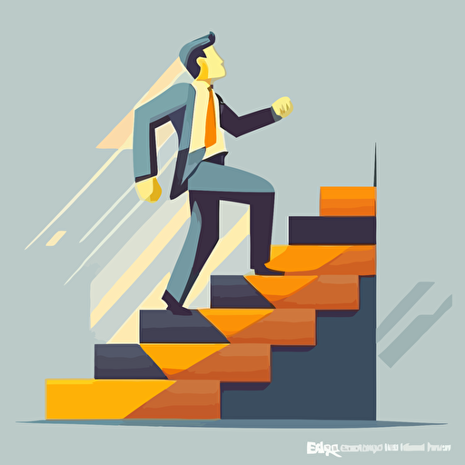 A man in casual business attire climbing a set of stairs in an office setting. flat style illustration for business ideas, flat design vector, industrial, light color pallet using a limited color pallet, high resolution, engineering/ construction and design, colored cartoon style, light indigo and light gold, cad( computer aided design) , white background
