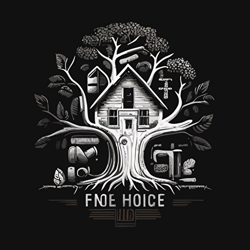 iconic logo of a house, tree, and tools, white vector, on black background.