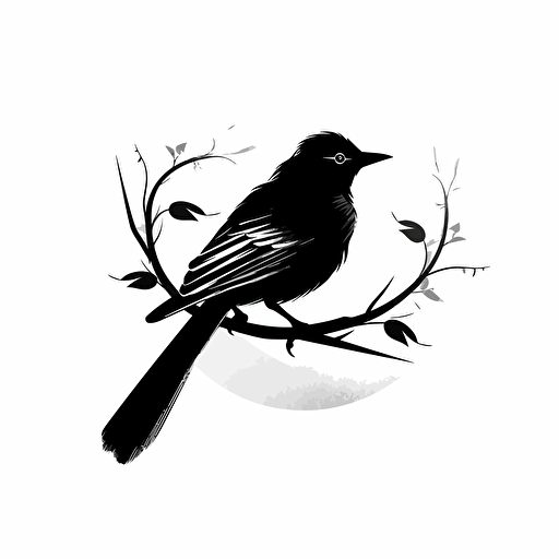 simple vector art, mockingbird on branch, logo, black and white, minimalism