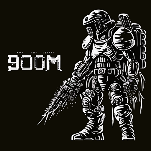 16bit DOOM shooter, white on black background, no shading, 2D, vector, 3:4