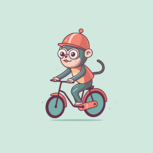 Monkey, Riding a Bicycle, Joyful Pastel Colors, Soft Lighting, Comic vector illustration style, flat design, minimalist logo, minimalist icon, flat icon, adobe illustrator, cute, Simple