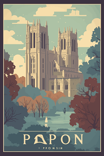 Flat vector art illustration | travel poster featuring | The Ripon Cathedral United Kingdom | Pastel blues, purples, and pinks | Wide Angle | no text |