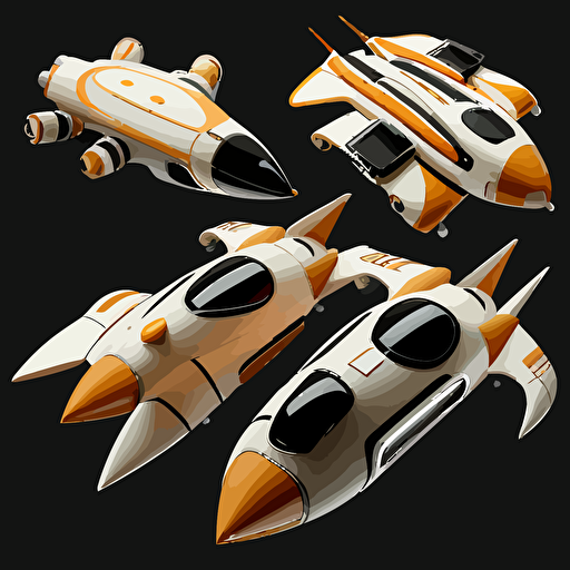 3 orange and white space ships on black background, top-down view, clean, simple, no shadows, vector