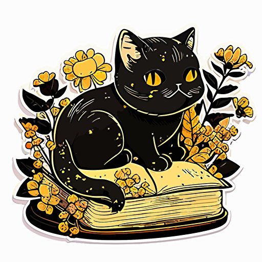 cute cat, sitting on a book, laying down, black, yellow flowers around him, vector style, sticker