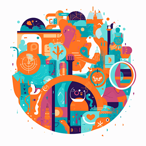 flat modern vector image of learning a language, complemenatry colours, bright orange and purple and teal, high resolution, white background, rounded edges, detailed