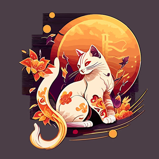 cat chinese style with flames gold coins mandarines chinese new year logo vector detailed high definition white purple red orange yellow