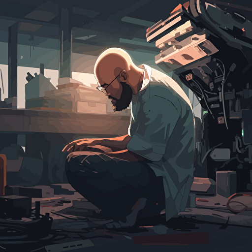 a broken futuristic robot in a workshop. It's maintainer is a bald, bearded Dominican man. The maintainer is looking at it, disappointed. vector art, moody lighting