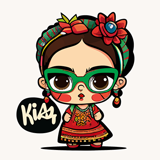 a very cute baby frida Khalo wearing very big sunglasses dressed up with Folkloric Mexican clothing , as a cartoon type, as a vector, white background, bright graffiti colors