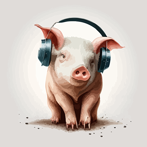 illustration of a pig for a logo, white background, unique and plain color, vector style, the focus is in the face of the pig, using a headphones in his ears,