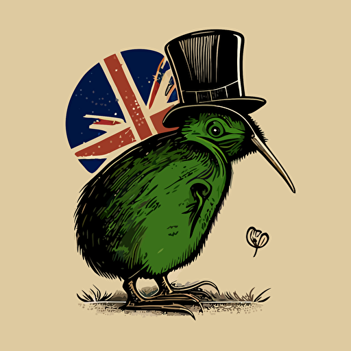 vector line drawing of kiwi bird holding a flag with a bowler hat in the center of the flag